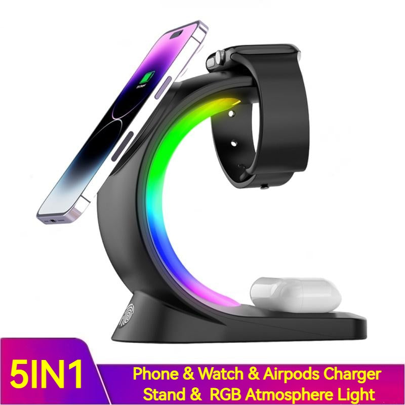 4 In 1 Magnetic Wireless Charger Fast Charging For Smart Phone Atmosphere Light Charging Station For Airpods Pro I-phone Watch CyclistShorts